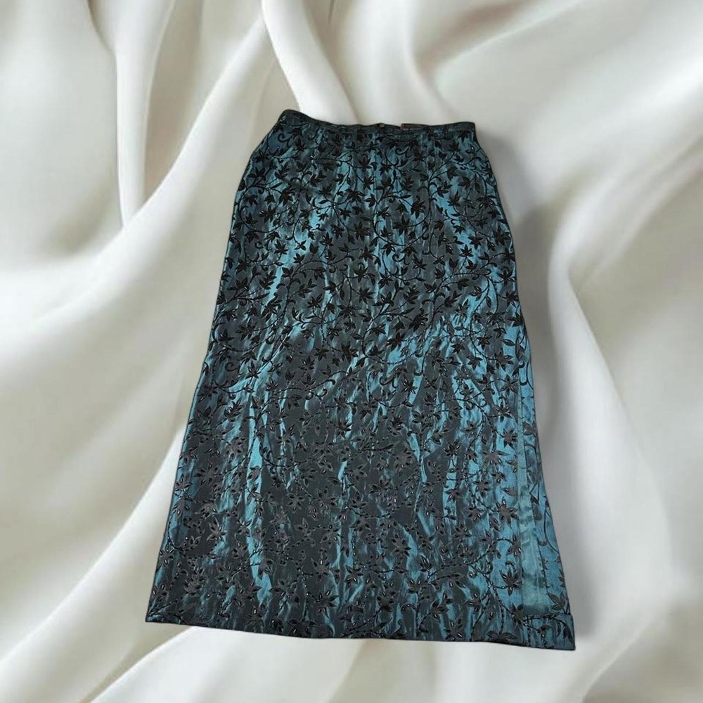 JS Collections dark teal maxi skirt black floral beaded burnout pattern